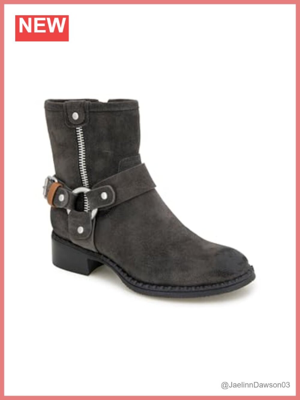 Leather Harness Bootie Ankle Zip Block Heel